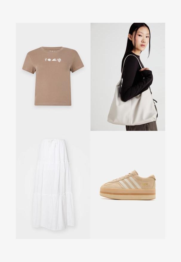 Bruine katoenen T-shirt met een ronde hals. Voorzien van witte grafische elementen: een cactus, zon, golf, hand en hart. Korte mouwen.; Witte maxi-rok van lichtgewicht stof, met een gelaagd ontwerp en geplooide accenten, en een verstelbare koordtaille.; Beige suede platform sneakers met witte drie stroken, ronde neus en beige rubberen zool met een gouden logo-accent aan de zijkant.; Beige handtas gemaakt van zacht materiaal, met een slonzig ontwerp, gestikte details en twee schouderbanden. Geschikt voor dagelijks gebruik.
