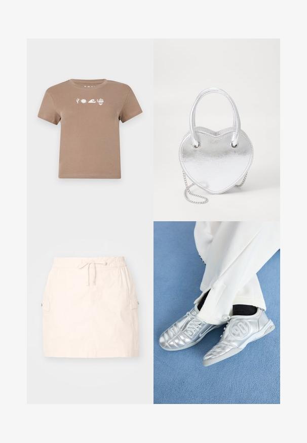 Brūna kokvilnas t-krema ar apaļu kakla izgriezumu. Satur baltus grafiskos elementus: kaktusu, sauli, vilni, roku un sirdi. Īsas piedurknes.; Gaiši bežs kokvilnas svārki ar elastīgu jostu un aukliņām, divām sānu kabatām un taisnu griezumu. Gluda tekstūra.; Sudraba sporta apavi ar gludu, spīdīgu apdari, ar šūtu dizainu un numuru 90 sānos, apvienoti ar baltām biksēm.; Sudraba metāla sirds formas soma ar divām rokturēm, ķēdes siksnu un gludu faktūru. Iespējas ietver metāla furnitūru un izšūtas malas.