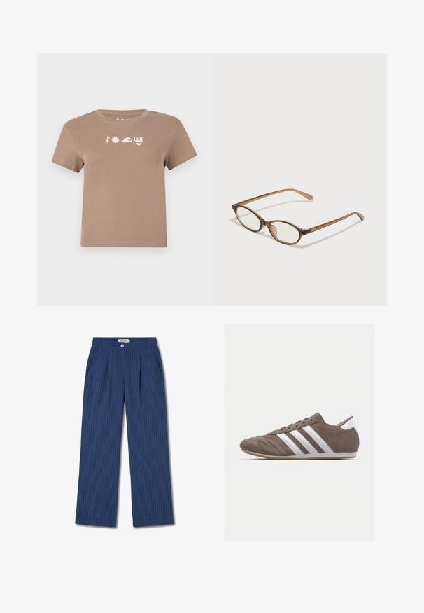 Hnědé bavlněné tričko s kulatým výstřihem. Obsahuje bílé grafické prvky: kaktus, slunce, vlnu, ruku a srdce. Krátké rukávy.; Thinking Mu MANOLITA - Kalhoty - blue; Hnědá semišová sportovní bota s bílými pruhy, kulatou špičkou, šněrováním a gumovou podrážkou. Texturovaný svršek s švy.; Hnědé želvovinové brýle s oválnými skly, tenkými bočními nohami a průhlednými akcenty. Obsahují decentní logo na stranu. Elegantní, lehký design.