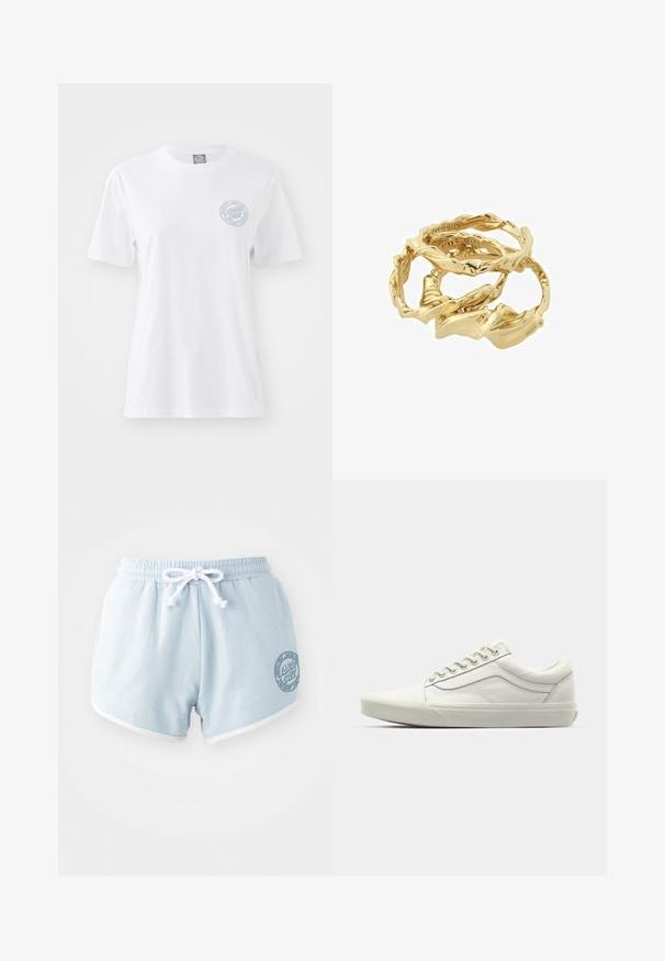 Balts kokvilnas T-krekls ar apaļu kakla izgriezumu un īsām piedurknēm. Uz kreisā krūšu apgabala atrodas zils apļa logo. Standarta piegriezums.; Gaiši zili šorti, kas izgatavoti no mīksta auduma, ar baltu auklu, ar baltu apdari un apļveida logo uz sāna.; Baltas kanvas sporta apavi ar zemu dizainu, noapaļota purngala forma un teksturēta gumijas zole. Iezīme pastiprināta šuvju un sudraba acis šņorēm.; Zelta toņa savērptie gredzeni sakrauti kopā, ar teksturētu dizainu un gludām, lokainām malām, radot organisku, plūstošu izskatu.