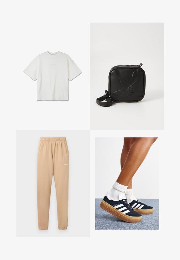 White, ribbed short-sleeve t-shirt with a round neck and minimalistic embroidered logo on the front. Loose-fitting design.; Beige sweatpants with an elastic waistband, tapered legs, and side pockets. Features small white text "PEGADOR" on the left thigh.; Black suede sneakers with white stripes and accents, rounded toe, gum rubber outsole, paired with white ribbed crew socks.; Black square crossbody bag made of textured synthetic material. Features an embossed logo design and adjustable strap. Zipper closure.