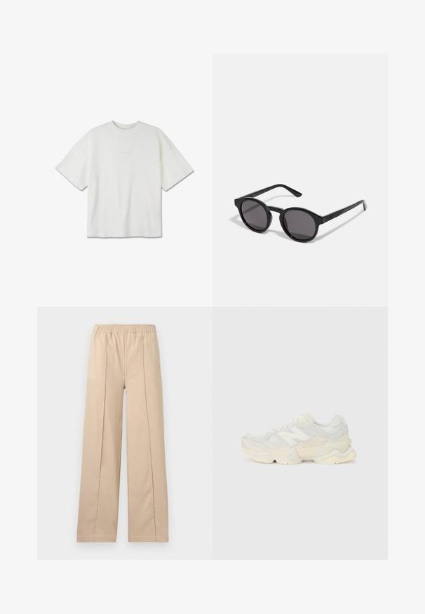 Witte, geribbelde t-shirt met korte mouwen, ronde hals en minimalistisch geborduurd logo op de voorkant. Losse pasvorm.; Beige wijduitlopende broek met een elastische tailleband, voorzien van twee verticale plooilijnen, zachte stof en een eenvoudig ontwerp.; Lichte sneaker met een bovenwerk van mesh en suede in zachte crèmekleuren, met een chunky zool en driedimensionale accenten.; Zwarte zonnebril met een rond, licht golvend frame, donkere glazen en rechte zwarte pootjes. Glad, glanzend oppervlak zonder zichtbare patronen.