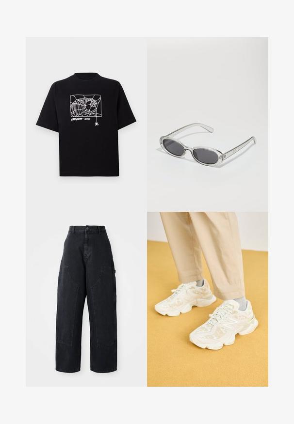 Juodas medvilnės marškinėliai su trumpomis rankovėmis. Priekyje yra balta voratinklio grafika ir logotipas. Paprastas apvalus iškarpymas.; Juodų džinsų plačios kojos cargo kelnės su aukštu liemeniu, dviem didelėmis priekinėmis kišenėmis ir užsegimu mygtuku liemenyje. Lygi tekstūra, kasdieniškas dizainas.; Balti sportiniai sneakeriai su tekstūruotu paviršiumi, turinčiu subtilius raštus, apvalia forma ir paminkštintu padu, derinami su smėlio spalvos kelnėmis.; Akiniai nuo saulės ovalo formos, su skaidriu plastiko rėmu, tamsiai pilkais objektyvais ir plonomis skaidriomis šakėmis, dekoruotais logotipų akcentais ir minimaliais detalėmis.