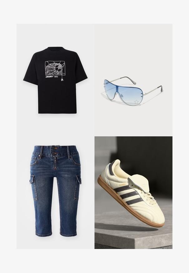 Black T-shirt made of cotton with short sleeves. Features a white spider web graphic and logo on the front. Simple rounded neckline.; Denim capri pants featuring a dark blue wash, two side cargo pockets, and a double-button fly with a zip closure. Classic five-pocket design.; Cream leather sneaker with three dark stripes, a brown gum outsole, and a rounded toe. Features a foldable tongue labeled "SAMBA."; Aviator sunglasses featuring a gradient blue lens, silver metal frame, and decorative star accents on the lens. Smooth and sleek design.
