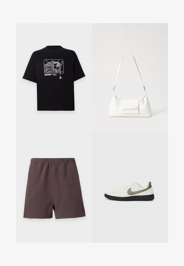 Black T-shirt made of cotton with short sleeves. Features a white spider web graphic and logo on the front. Simple rounded neckline.; Dark brown shorts made of textured, woven fabric. Features an elastic waistband and a small logo accent on the lower right side.; Nike Sportswear FIELD GENERAL - Trainers - off-white/black; White synthetic handbag with a triangular shape, flat front flap and bow detail, adjustable strap, smooth texture, and minimalistic design.