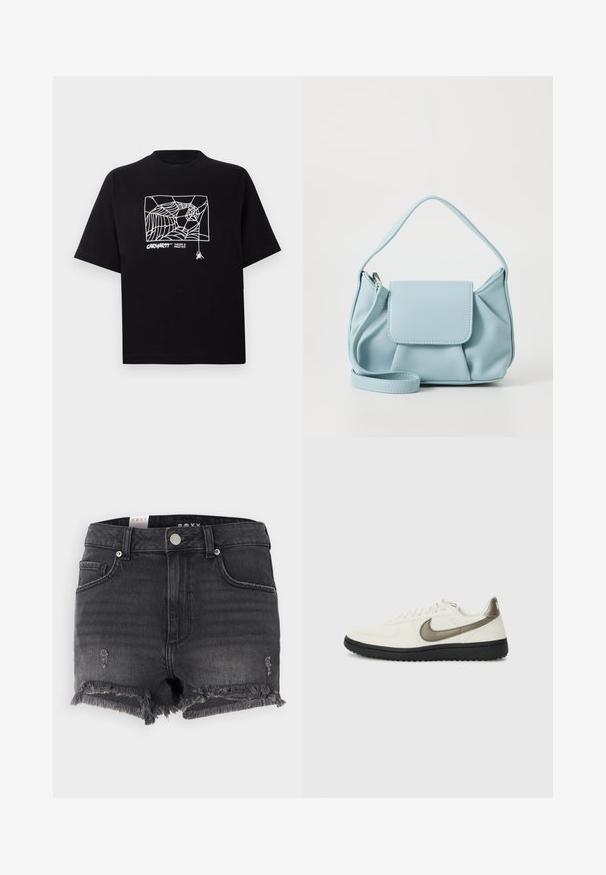 Camiseta negra de algodón con mangas cortas. Presenta un gráfico de telaraña blanca y un logo en la parte frontal. Cuello redondeado simple.; Pantalones cortos de mezclilla negra con dobladillo deshilachado, detalles desgastados y cierre de botón metálico. Presenta un diseño clásico y estilo de cinco bolsillos.; Nike Sportswear FIELD GENERAL - Zapatillas - off-white/black; Bolso de mano de cuero azul claro con un asa en la parte superior, bolsillo con solapa en el frente y correa para la muñeca desmontable sobre un fondo blanco.