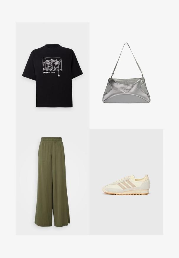 T-shirt noir en coton à manches courtes. Présente un graphisme de toile d'araignée blanche et un logo à l'avant. Encolure ronde simple.; DRYKORN CEILING - Pantalon classique - green; Sneaker athlétique crème avec trois rayures beiges, en matériaux en suède et textile, une semelle texturée et une marque en relief sur le talon.; Sac à main en métal argenté avec un design structuré et élégant, présentant un corps texturé, une bandoulière et un accent avec un logo en relief.