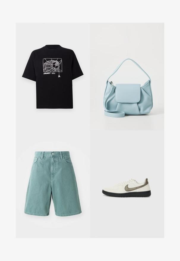 Mustapaita, joka on valmistettu puuvillasta ja jossa on lyhyet hihat. Edessä on valkoinen hämähäkinseittigrafiikka ja logo. Yksinkertainen, pyöreä kaula-aukko.; Vihreät puuvilladenim-shortsit, joissa on korkea vyötärö, viisi taskua ja nappikiinnitys, suunniteltu rentoon istuvuuteen ja sileään pinta-alaan.; Nike Sportswear FIELD GENERAL - Matalavartiset tennarit - off-white/black; Vaaleansininen nahkakäsilaukku, jossa on yläkahva, etutasku kannella ja irrotettava rannetuki valkoista taustaa vasten.