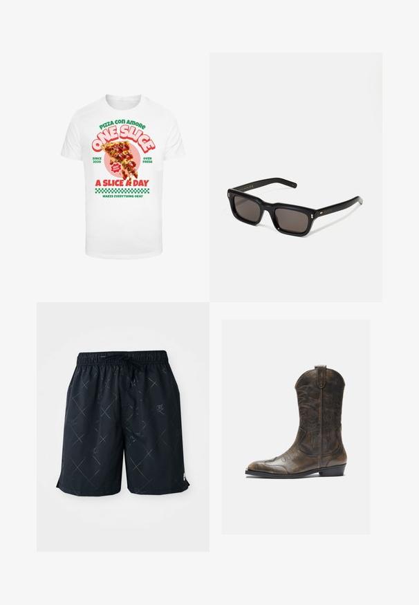 Valge T-särk, millel on graafiline print pitsaviilust, millel on pepperoni, ning alumises osas on värviline tekst ja ruuduline muster.; Mustad mustad ujumispüksid teemantmuster ja Nike logo, kerge materjaliga. Omab elastset vöökohta, millel on nöör.; Pruun nahast cowboy saapad, millel on pikk vars, terav varvas, keerukad õmblusmustrid ja väike konts. Ühtlane tekstuur kogu ulatuses.; Mustad mustakorruselised prillid tumedate läätsedega, paks plastikraam, kuldsed aksendid templites ning kaubamärgi logo graveeritud käe lilla.
