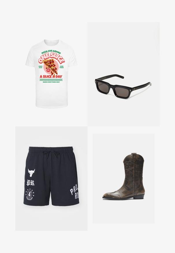 Balta T-kreklā ar grafisku attēlu, kurā attēlots picu gabals ar pepperoni, kas papildināts ar krāsainu tekstu un šaha laukuma rakstu apakšā.; Under Armour PROJECT ROCK SHORT - Sporta šorti - black/white; Brūnas ādas kovboju zābaki ar garu kāju, norādītu purngalu, sarežģītām šuvju rakstībām un mazu papēdi. Virsma ar faktūru visā zābakā.; Melnas taisnstūra formas saulesbrilles ar tumšiem stikliem, bieza plastmasas rāmja, zelta akcenti pie tempļiem un zīmola logo iegravēts roku daļā.