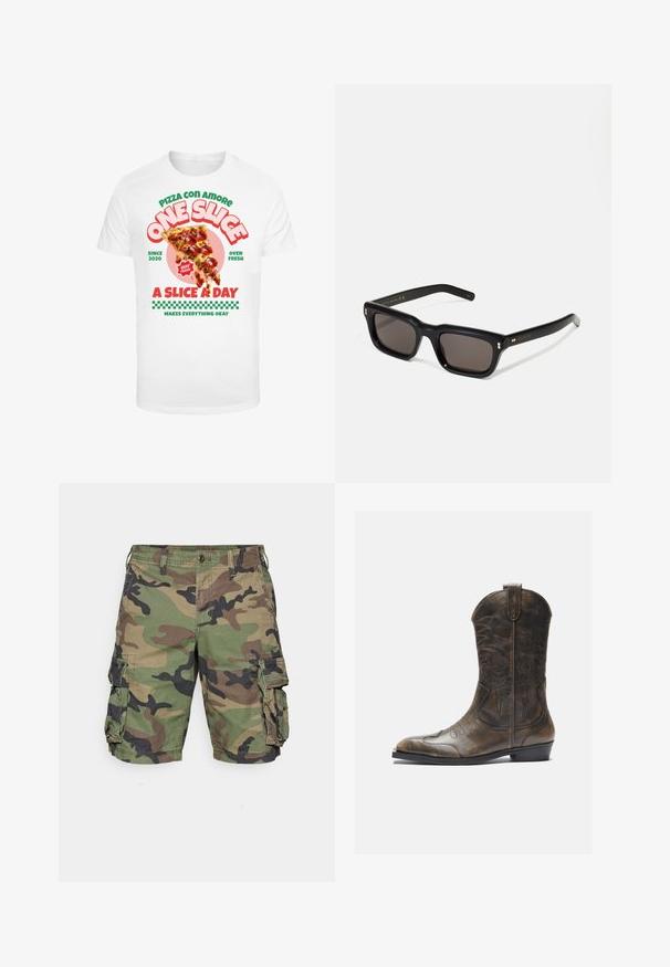 T-shirt blanche avec un imprimé graphique d'une part de pizza au pepperoni, accompagnée de texte coloré et d'un motif à carreaux en bas.; Shorts cargo camouflés en vert, marron et noir. Fabriqués en tissu léger, avec des poches latérales et une fermeture à bouton, offrant une coupe décontractée.; Botte de cow-boy en cuir marron avec un long tige, un bout pointu, des motifs de couture complexes et un petit talon. Finition texturée tout au long.; Lunettes de soleil noires rectangulaires avec des verres foncés, monture en plastique épais, accents dorés sur les branches et logo de la marque gravé sur le bras.