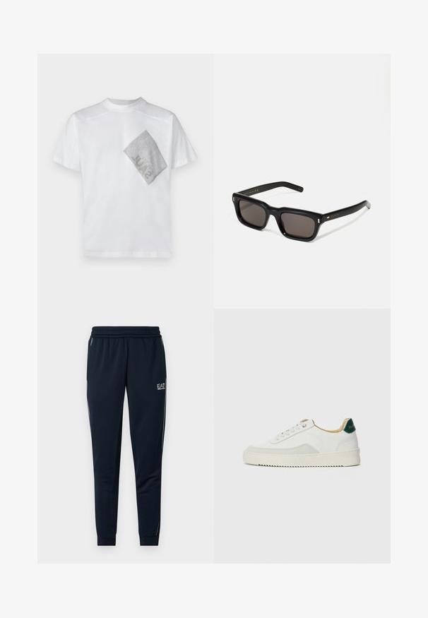 Vit bomull t-shirt med en texturerad silverfärgad diamantpatch med tryckt text på vänster sida. Kort ärm och klassisk rund halsdesign.; EA7 Emporio Armani PANTALONI - Träningsbyxor - blue; Vit sneaker med mockadetaljer, rund tå, platta snören och en krämfärgad gummisula. Har grön branding på hälen.; Svarta rektangulära solglasögon med mörka linser, tjock plastbåge, guldfinish på skalmarna och varumärkeslogotyp graverad på armen.