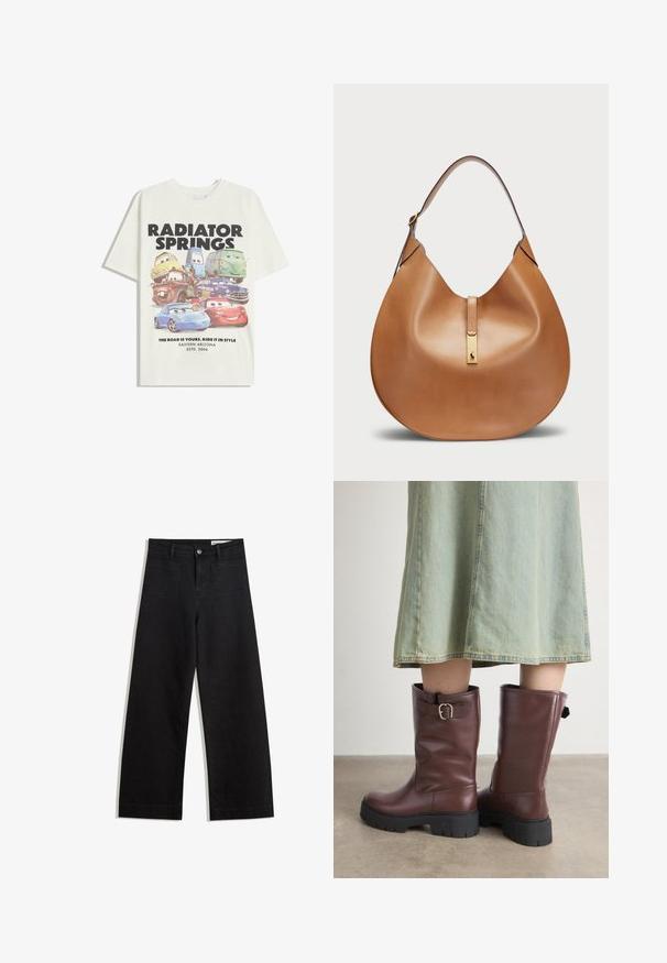 Vit bomulls t-shirt med en grafisk design av animerade bilar. Texten lyder "RADIATOR SPRINGS" och "VÄGEN ÄR DIN. ÅK DEN MED STIL."; Svarta vida denimbyxor med hög midja, med fram- och bakfickor, sydda sömmar och knappstängning. Slät textur.; Bruna läderknähöga stövlar med texturerad yta, som har en sidspänne och kraftiga svarta gummisulor.; Tan läderhandväska med en böjd form och ett brett axelband. Har en guldfärgad metallaccent i mitten och en slät yta.