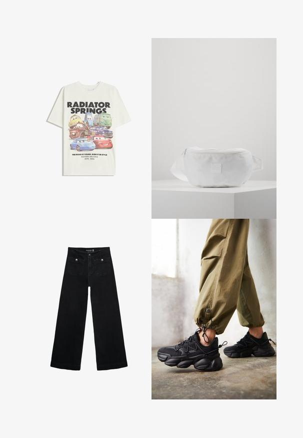 T-shirt en coton blanc avec un graphique de voitures animées. Le texte indique "RADIATOR SPRINGS" et "LA ROUTE EST À VOUS. PARTEZ AVEC STYLE."; Jean's larges noires avec taille haute, dotés de deux poches avant et d'accents en métal sur les boutons. Le tissu a une texture lisse.; Personne portant des baskets noires imposantes et un pantalon cargo vert olive se tenant sur un sol en béton près d'un mur blanc.; Sac banane blanc en tissu durable, avec une fermeture éclair, une sangle réglable et un petit logo en relief sur le devant.