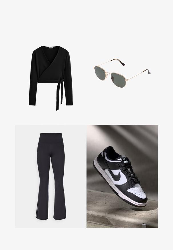 Mustat pitkät hihat, kietoutumiseen tarkoitettu yläosa, joka on valmistettu ribbikankaasta. Sisältää syvän V-pääntien ja sivusolmun yksityiskohtia säädettävää istuvuutta varten.; Mustat levenevät leggingsit korkealla vyötäröllä, valmistettu joustavasta kankaasta. Ominaisuuksina sileä pinta ja valkoiset sivuviivat saumoissa.; Musta-valkoinen Nike Dunk Low -lenkkari, jossa on nahkainen yläosa, rei'itetty varvasosa ja mustat nauhat. Kenkässä on valkoinen pohja ja logovärityksiä.; Kultaa metallikehyksiset aurinkolasit tummanvihreillä linsseillä, pilottilaatuinen tyyli, jossa on kapeat varret ja kilpikonnakuosiset korostukset päissä.; Mustat vuoratut käsilaukku kultaketjuhihnalla, jossa on erottuva kultainen solki ja pieni tarkkuustagi, ja joka esittelee tekstuurillista nahkapintaa.