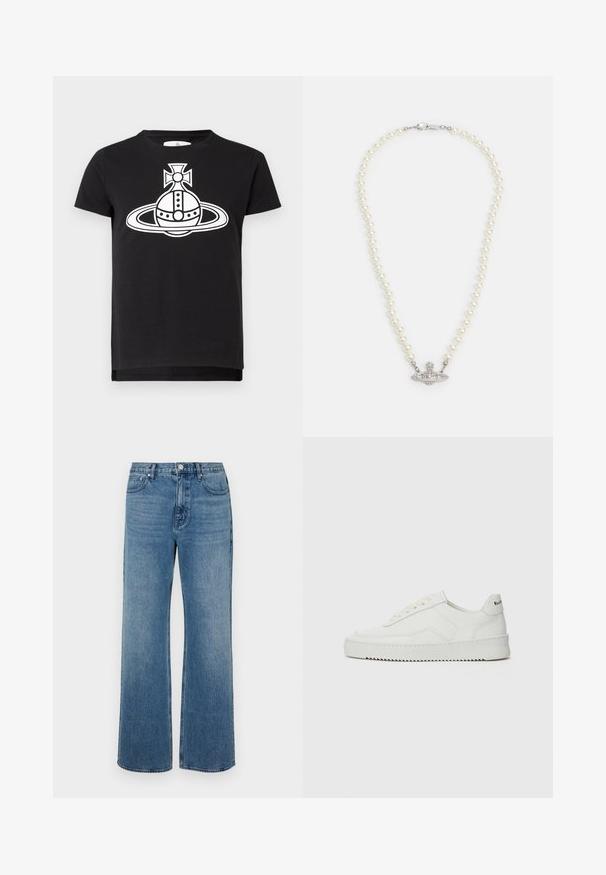 Černé tričko s krátkým rukávem s velkým bílým grafickým motivem stylizované koule a kruhu, na vrcholu s křížem, umístěným na středu přední strany.; Široké modré džíny vyrobené z denimu s vybledlým povrchem. Mají pět kapes, přední zapínání na knoflík a rovný střih.; Bílé kožené tenisky s hladkým povrchem, kulatou špičkou, plochými tkaničkami a texturovanou podrážkou. Na patě se nachází nenápadné logo.; Perlový náhrdelník se stříbrným zapínáním. Obsahuje kulaté bílé perly a dekorativní středový prvek posázený rhinestonem.