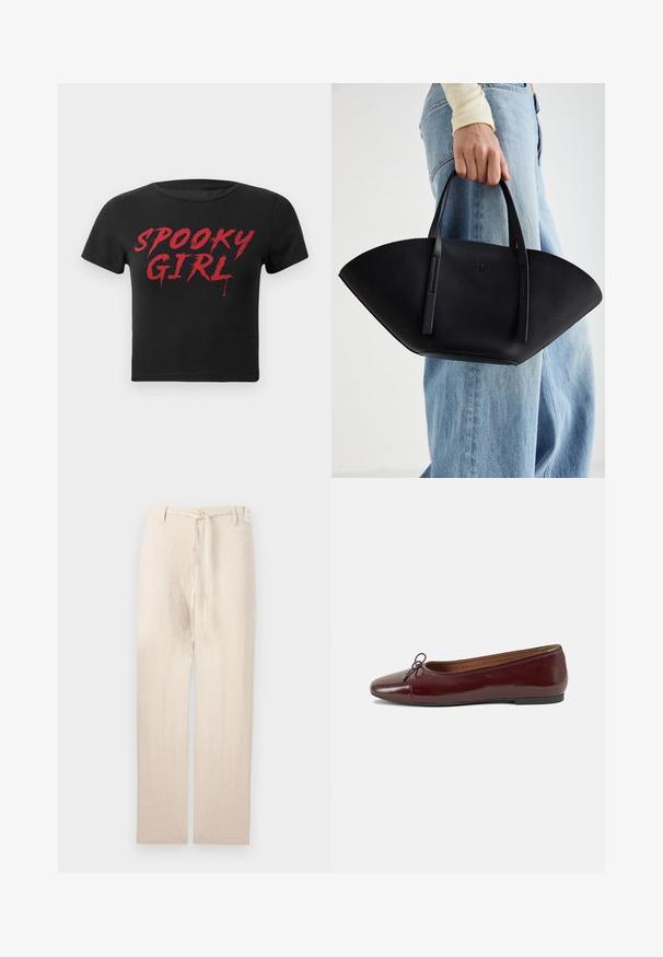 Zwart cropped t-shirt met korte mouwen met rode, druipende tekst "SPOOKY GIRL" over de borst.; Beige linnen broek met een rechte pijpdesign, voorzien van een knoopsluiting en een stoffen riem in de taille, wat een lichte en gestructureerde uitstraling geeft.; Bordeaux gepatenteerd lederen ballerina met een ronde neus, een klein strikaccent aan de voorkant en een lage, zwarte rubberen zool. Glad textuur.; Zwarte leren handtas met een unieke waaier vorm, voorzien van platte handvatten. Het oppervlak heeft een gewelfde textuur en een minimalistisch ontwerp.