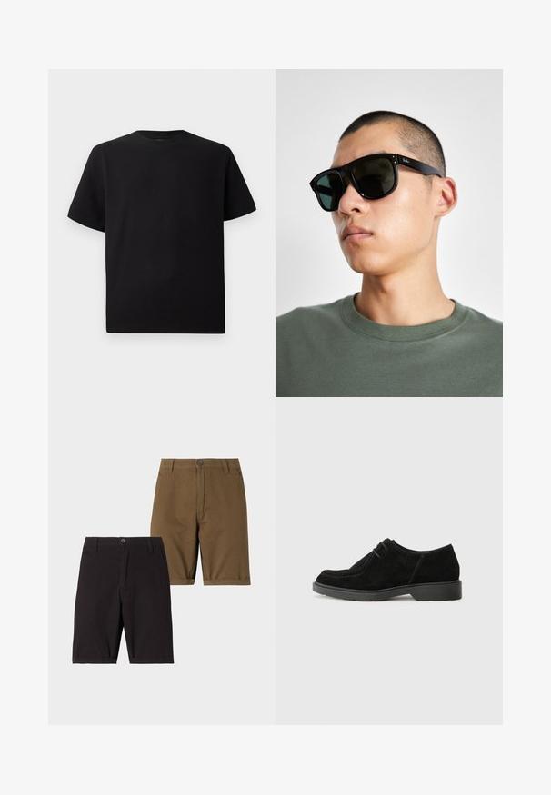 Melnās īsām piedurknēm T-krekls no teksturēta auduma, ar apaļu kakla izgriezumu un brīvu piegriezumu. Vienkāršs, bez rakstiem vai akcentiem.; Divi īsi šorti: vieni melni, otri olīvzaļi. Abiem ir gluda auduma, taisnas kājas un priekšējie pogu aizdari.; Melnas zamša kleitu kurpes ar noapaļotu pirkstu, kontrastējošu šuvju un gumijas zoli. Ievērojams minimālais auklu dizains un gludā augšdaļa.; Melni taisnstūra saulesbrilles ar tumšiem stikliem, ar izteiksmīgu formu un zīmolu uz tempļa. Valkā cilvēks zaļā krekla.