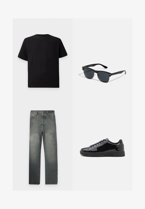 Camiseta negra de manga corta hecha de tejido texturizado, con un cuello redondo y un corte relajado. Sencilla, sin patrones ni acentos.; Jack & Jones JJIALEX JJCOOPER - Vaqueros baggy - black denim; Zapatillas de charol negro con punta redonda, suela de goma plana y cordones negros. Textura suave y brillante en la superficie superior.; Gafas de sol negras con forma rectangular, lentes oscuros, detalles plateados en las patillas y un acabado mate en la montura.