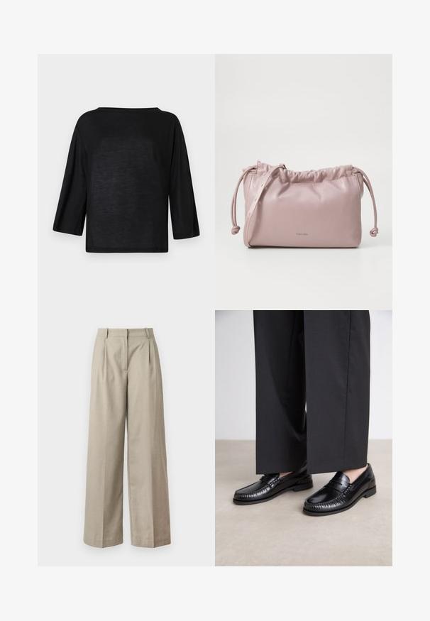 Zwarte, losvallende top met een wijde halslijn en driekwartmouwen. Materiaal lijkt zacht en licht van gewicht met een gladde textuur.; Beige wijde broekspijpen gemaakt van gladde stof, met een aansluitende taille, plooien en een losse pasvorm door de benen. Eenvoudig ontwerp en strakke lijnen.; Zwarte leren instappers met een gladde afwerking, gestikte details rond de teen en een lage rubberen zool. Gepaard met brede zwarte broeken.; Blush roze, glad leren tas met een verzamelde bovenkant, trekkoordsluiting en een dunne schouderband. Heeft een subtiele Calvin Klein-logo aan de voorkant.