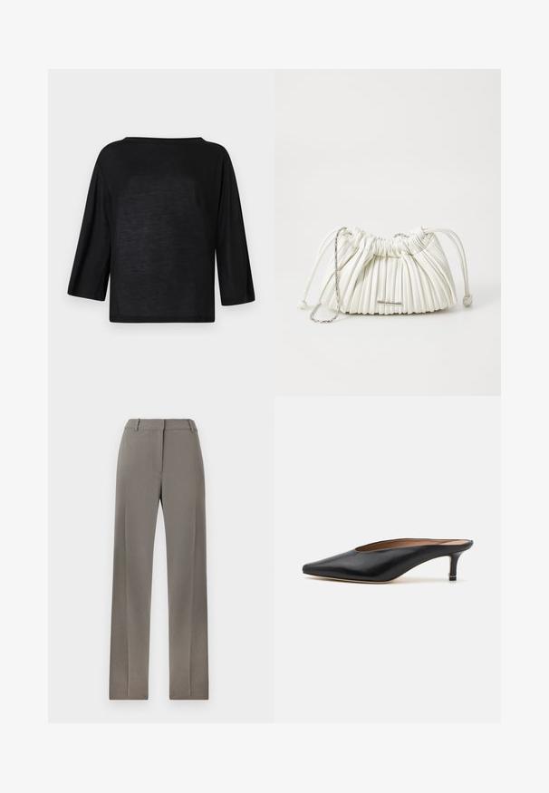Svart, løs passform topp med vid hals og trekvartlange ermer. Materialet virker mykt og lett med en jevn tekstur.; Grå skreddersydde bukser med rett ben-design, flat front og subtil tekstur. Mykt stoff og standard midje med beltehemper.; Sorte lærmules med spiss tå og lav, blokkert hæl. Glatt tekstur med et elegant design. Åpen bak med minimal detaljering.; Hvit plisserte håndveske laget av mykt materiale. Har snøring, flettede håndtak og en sølvfarget hardwaredetalj.