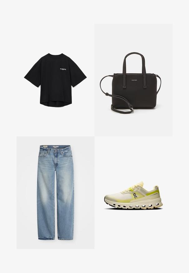 T-shirt noir surdimensionné en coton à manches courtes, avec un col rond et un imprimé logo blanc sur la zone gauche de la poitrine.; Jeans large en denim bleu clair. Comprend un bouton et une fermeture éclair, cinq poches, et une finition délavée avec un ourlet légèrement usé.; Baskets de course avec une tige crème et des accents jaunes, dotées d'un design en maille texturée, d'une semelle rembourrée et de découpes uniques sur la semelle extérieure.; Sac à main noir avec deux poignées courtes et une bandoulière amovible. Matière lisse semblable à du cuir avec une fermeture éclair et un détail de logo.