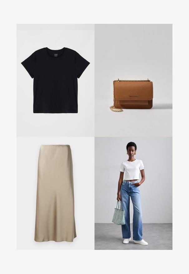 Lühikeste varrukatega must T-särk, mis on valmistatud pehmest puuvillast. Klassikaline ümmargune kaelus, lihtsa ja ilma kaunistusteta pind ning mugav lõige.; Nahatest satiinist midi-seelik heledas beežis, millel on elastne vöökoht, sile tekstuur ja voolujooneline A-lõige. Ilma nähtavate mustrite või detailideta.; Valge ribaga lühike T-särk, helesinised laiad teksad ja valged tossud. Hoides roheline ja valge triibuline kott.; Pruun tekstureeritud nahk ristkeha kott kuldse ahelaga rihmaga ja klapiga sulgemine. Esiküljel on logo detail ja tasku klapi all.