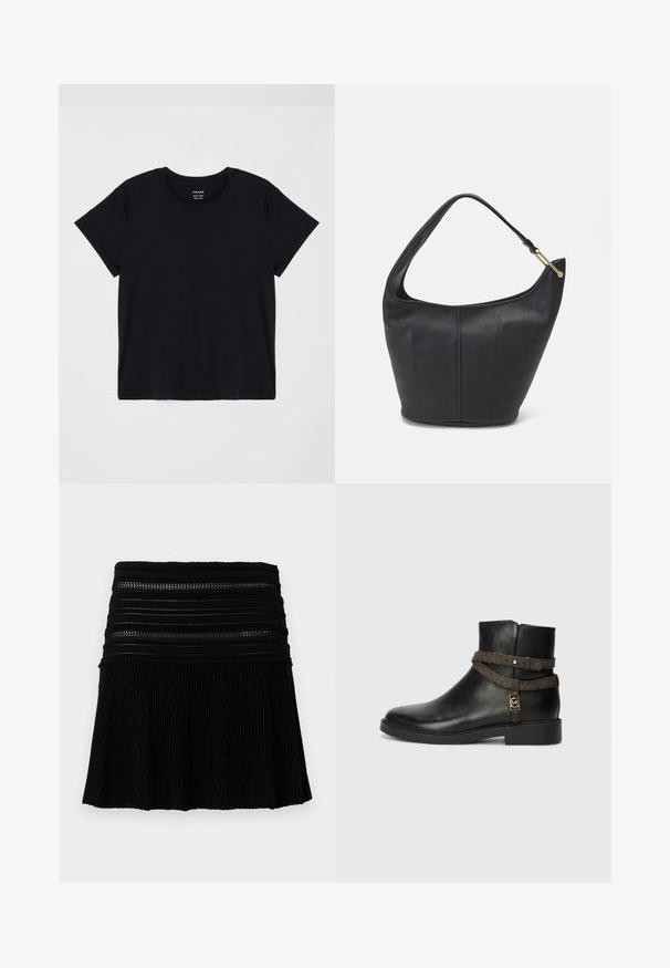 Tricou scurt, negru, din bumbac moale. Design clasic cu guler rotund, cu o suprafață simplă, neimpodobită și o croială lejeră.; Fustă plisată neagră cu un design texturat și nervurat. Include detalii cu benzi orizontale la talie cu accente cu decupaje. Lungime scurtă.; Bocanci negri din piele la glezna, cu o talpă plată, având o curea cu model maroniu și detalii din metal de culoare aurie. Textură netedă.; Geantă din piele neagră, cu o formă rotunjită, curea lată și un finisaj texturat. Are detalii subtile de cusătură și un accent din metal de culoare aurie.