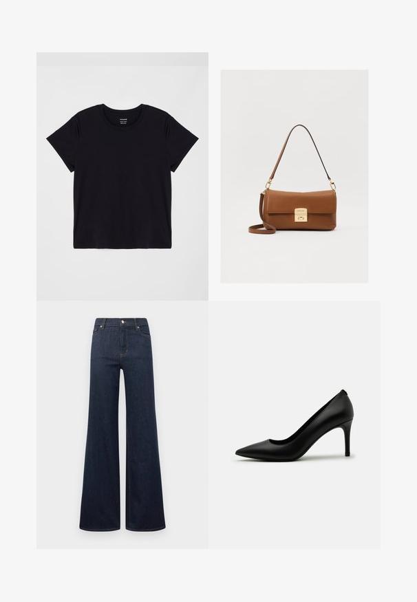 Černé krátké rukávy tričko vyrobené z měkké bavlny. Klasický kulatý výstřih s jednoduchým, nezdobeným povrchem a volným střihem.; Tmavě modré široké džíny vyrobené z denimu, s vysokým pasem, zapínáním na knoflík a klasickým pětipocket designem s kontrastním prošíváním.; Černá lodička na vysokém podpatku vyrobená z hladké kůže, s špičatou špičkou a štíhlým jehlovým podpatkem. Minimalistický design bez viditelných ozdob.; Hnědá kožená kabelka se zlatým zapínáním, plochým designem, krátkým uchem a nastavitelným ramenním popruhem. Hladký povrch s uspořádanou siluetou.