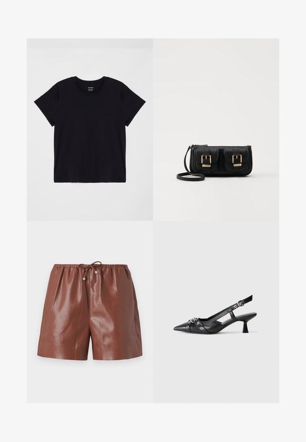 Melns īsais krekliņš ar īsām piedurknēm, kas izgatavots no mīkstas kokvilnas. Klasisks apaļas kakla dizains ar vienkāršu, neizpušķotu virsmu un brīvu piegriezumu.; Brūni ādas šorti ar spīdīgu apdari, ar elastīgu jostasvīru un regulējamu auklu ar metāla akcentiem. Gluda tekstūra un piegriezums.; Melnas ādas šlipsveida kurpes ar norādītu purngalu, dekoratīvām joslām ar metāla acīm un zemu bloku papēdi. Teksturēta virsma.; Melnas ādas crossbody soma ar divām priekšējām kabatām, zelta sprādzēm, ar rāvējslēdzēju aizdari un šauru siksnu. Strukturēta virsma un kompakta taisnstūra forma.