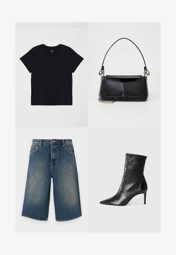 Μαύρο κοντομάνικο μπλουζάκι από μαλακό βαμβάκι. Κλασικός σχέδιο με στρογγυλή λαιμόκοψη και απλή, χωρίς διακοσμήσεις επιφάνεια με χαλαρή εφαρμογή.; Τζιν σορτς σε μέτριο μπλε χρώμα, με άνετη εφαρμογή, μπροστινές τσέπες και κουμπί κλεισίματος. Φθαρμένες λεπτομέρειες και ορατές ραφές.; Μαύρες αστράγαλοι μπότες από λείο δέρμα, με μυτερή μύτη, εφαρμοστό μάκτρο και λεπτό ψηλό τακούνι. Μινιμαλιστικός σχεδιασμός χωρίς ορατά μεταλλικά στοιχεία.; Μαύρη λουστρινένια τσάντα χεριού με ορθογώνιο σχήμα, αλυσίδα στον ιμάντα και μια χαρακτηριστική μεταλλική λεπτομέρεια στο κέντρο. Λείος υφασμάς.