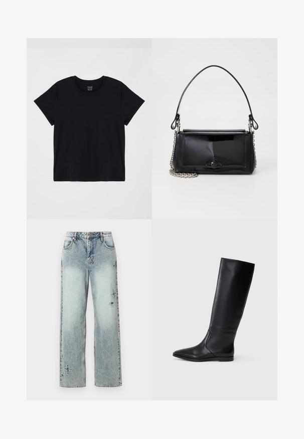 Juodas trumpas rankovės marškinėliai pagaminti iš minkštos medvilnės. Klasikinis apvalus kaklo dizainas su paprasta, nepuošta paviršiumi ir laisvalaikio siluetu.; Šviesiai mėlynos džinsinės kelnės su tiesiu kirpimu, su matomomis siūlėmis ir dekoratyviniais kryžminiais raštais priekyje.; Juodas odinis iki kelių batas su smailiu pirštu ir minimalistišku dizainu. Atsparus paviršius ir plokščias padas, su diskretiškai siuvinėtomis detalėmis šonuose.; Juodas lakinės odos rankinės ilgis stačiakampis, su grandinėlės dirželiu ir išskirtiniu metaliniu akcentu centre. Lygus paviršius.