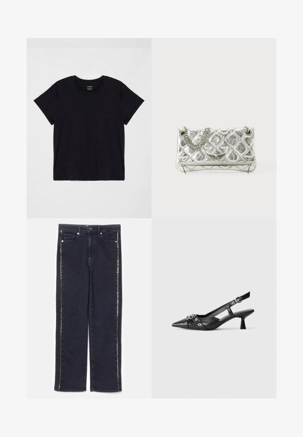 Tricou scurt, negru, din bumbac moale. Design clasic cu guler rotund, cu o suprafață simplă, neimpodobită și o croială lejeră.; Jeans din denim închis, cu un design drept, având o serie de nitură metalică pe cusăturile laterale, care oferă un accent distinctiv.; Pantofii slingback din piele neagră, cu vârful ascuțit, curele decorative cu ochiuri din metal și toc bloc mic. Suprafață texturată.; Geantă de umăr argintie din metal, cu mânere din lanț, textură matlasată, cusături decorative și închidere cu fermoar. Are accente embossate pe față.