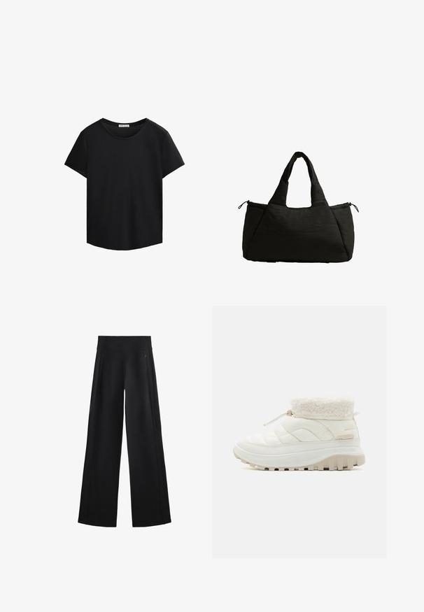 Čierne tričko s krátkym rukávom, okrúhlym dekoltom a perforovanými sieťovanými detailmi na pleciach. Hladká tkanina, uvoľnený strih, zaoblený lem.; Široké čierne nohavice vyrobené z mäkkého materiálu, s vysokým pásom a dvoma zipsovými vreckami, so subtílnymi švami po stranách.; Biele prešívané čižmy do polovice lýtok s umelou kožušinou na golieri, elastickým šnurovaním a hrubou gumovou podrážkou s hlbokými drážkami pre lepšiu priľnavosť.; Čierna taška cez rameno s nadýchavanou textúrou, vybavená dvojicou krátkych uch a bočnou vreckom zaisteným šnúrkou. Jednoduchý, uhlový dizajn.