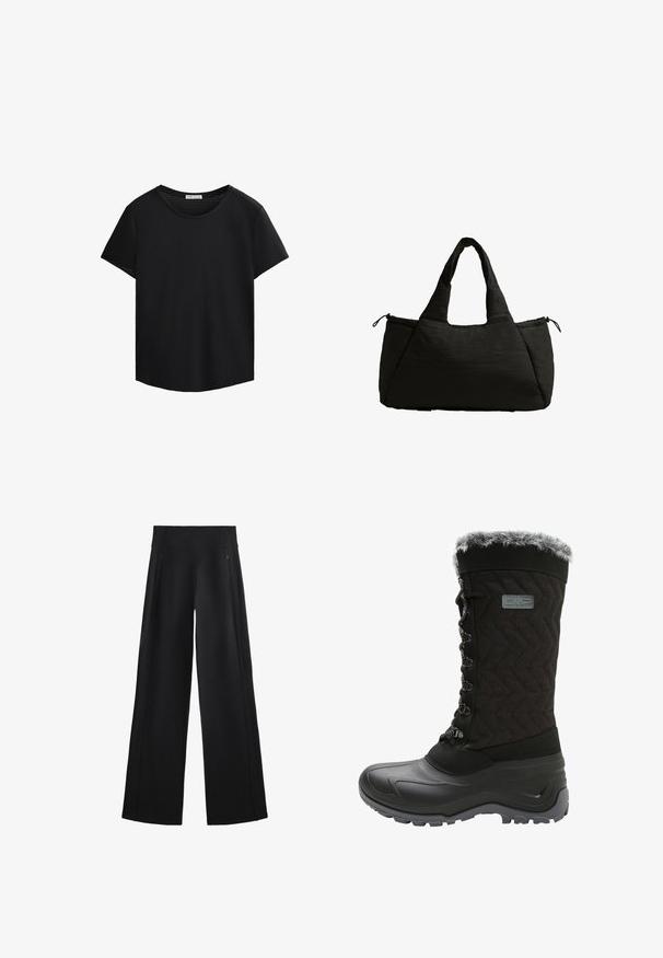 Black short-sleeved T-shirt with a round neckline and perforated mesh detailing on the shoulders. Smooth fabric, relaxed fit, curved hem.; Wide-leg black pants made of a soft fabric, featuring a high waistband and two zippered pockets, with subtle seams along the sides.; Black winter boot with a textured fabric upper, faux fur trim, lace-up front, and rubber outsole for traction. Features a zigzag pattern.; Black tote bag with a puffy texture, featuring two short handles and a side pocket secured with a drawstring. Simple, angular design.