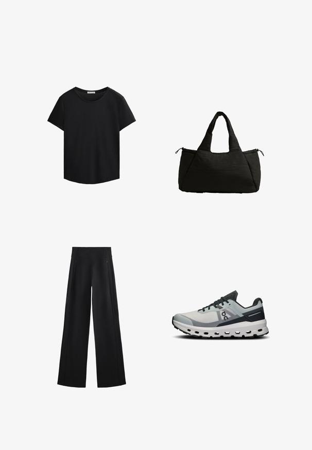 Black short-sleeved T-shirt with a round neckline and perforated mesh detailing on the shoulders. Smooth fabric, relaxed fit, curved hem.; Wide-leg black pants made of a soft fabric, featuring a high waistband and two zippered pockets, with subtle seams along the sides.; Running shoe with a light gray mesh upper, dark blue accents, and a thick white midsole featuring cutouts. Laces are dark gray.; Black tote bag with a puffy texture, featuring two short handles and a side pocket secured with a drawstring. Simple, angular design.