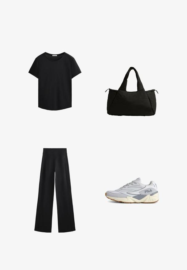 Czarna koszulka z krótkim rękawem, okrągłym dekoltem i perforowanymi detalami z siateczki na ramionach. Gładki materiał, luźny krój, zaokrąglony brzeg.; Szerokie czarne spodnie wykonane z miękkiego materiału, z wysokim stanem i dwoma zapinanymi na zamek kieszeniami, z delikatnymi szwami po bokach.; Szare sportowe buty z siateczkową i zamszową cholewką, z białymi akcentami, grubą białą podeszwą i teksturowaną gumową podeszwą.; Czarna torba typu tote o puszystej fakturze, z dwoma krótkimi uchwytami i boczną kieszenią zabezpieczoną sznurkiem. Prosta, kątowa konstrukcja.