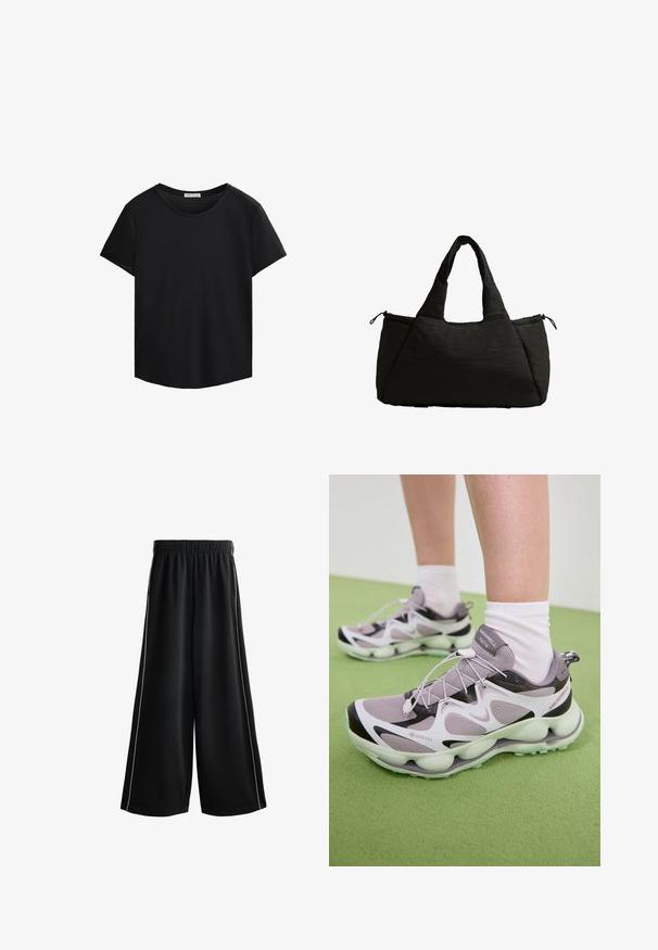 Mustat lyhythihaiset T-paidat, joissa on pyöreä pääntie ja rei'itetty verkko-ominaisuus olkapäillä. Suuri kangas, rento istuvuus, kaareva helma.; Mustat leveälahkeiset housut, joissa on joustava vyötärö, valkoiset sivupaneelit ja sileä, kevyt kangas. Ihanteelliset rentoon pukeutumiseen.; Vaaleanliilat GORE-TEX-urheilukengät, joissa on teksturoitu verkko-osa, mustat yksityiskohdat ja muotoiltu pohja. Varustettu joustavilla nauhoilla ja pehmustetulla varrella.; Musta kangaskassi, jossa on paksu tekstuuri, kaksi lyhyttä kahvaa ja sivutasku, joka on suljettu nyörillä. Yksinkertainen, kulmikas muotoilu.