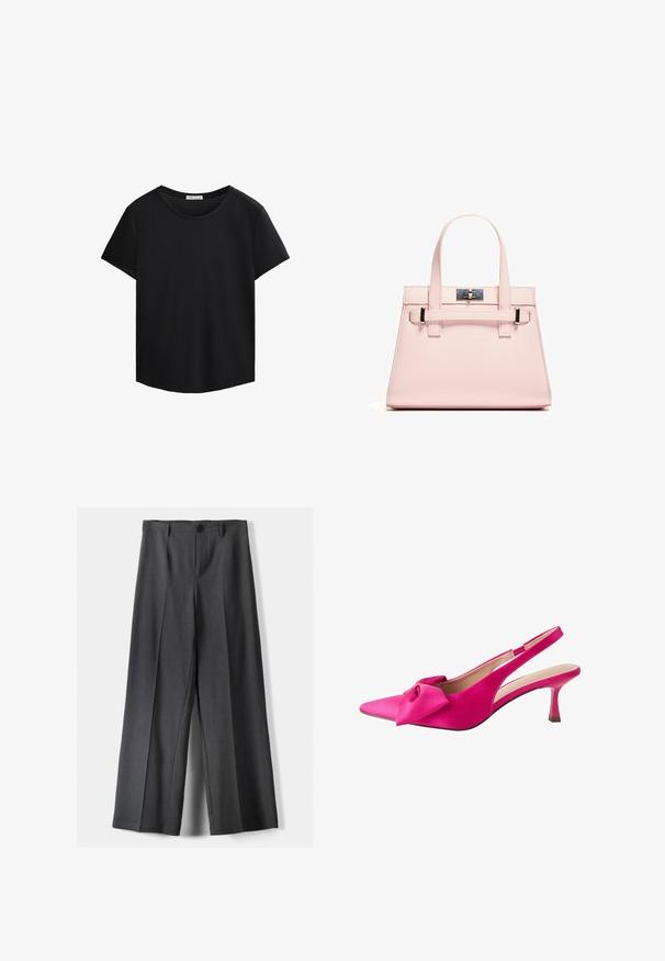 Czarna koszulka z krótkim rękawem, okrągłym dekoltem i perforowanymi detalami z siateczki na ramionach. Gładki materiał, luźny krój, zaokrąglony brzeg.; Spodnie o szerokich nogawkach w ciemnoszarym kolorze, z zapięciem na guzik, plisami z przodu i szlufkami na pasek. Gładka faktura z dopasowanym krojem.; Next - Czółenka; Różowa torebka o strukturalnym kształcie, wykonana z teksturowanej skóry, z dwoma uchwytami u góry, zapięciem na zatrzask oraz kontrastującymi metalowymi akcentami.