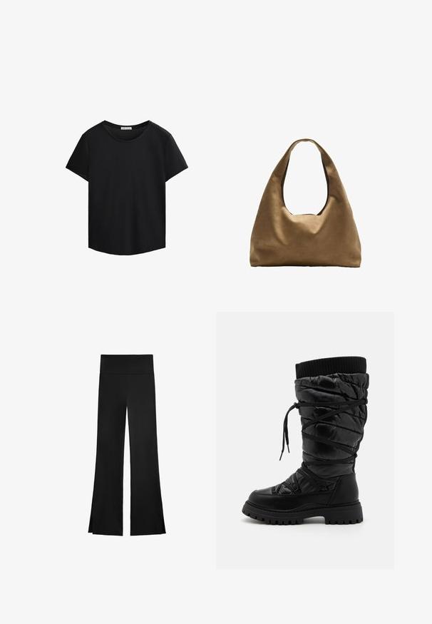 Czarna koszulka z krótkim rękawem, okrągłym dekoltem i perforowanymi detalami z siateczki na ramionach. Gładki materiał, luźny krój, zaokrąglony brzeg.; Czarne spodnie o szerokim kroju, z wysokim stanem i bocznymi rozcięciami dla łatwości ruchu. Wykonane z gładkiego, elastycznego materiału.; Czarne kozaki za kolano z pikowaną teksturą, z suwakiem na sznurówki, kontrastującym prążkowanym mankietem u góry oraz grubą, wytrzymałą podeszwą.; Brązowa torba na ramię z szerokim, zaokrąglonym kształtem i dużym wyciętym uchwytem. Miękka tekstura, minimalistyczny design i brak widocznych elementów metalowych.