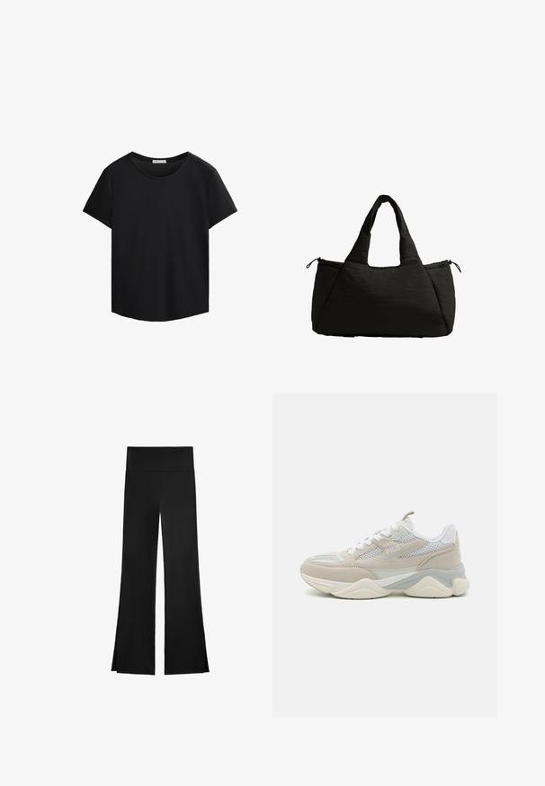 T-shirt noir à manches courtes avec un col rond et des détails en maille perforée sur les épaules. Tissu lisse, coupe décontractée, ourlet arrondi.; Pantalons noirs avec un design à jambe évasée, dotés d'une taille haute et de fentes sur les côtés pour plus de liberté de mouvement. Fabriqués dans un tissu lisse et extensible.; Baskets beiges et blanches en suede et maille, avec une semelle épaisse, un design à lacets et un logo sur le côté.; Sac fourre-tout noir avec une texture moelleuse, doté de deux poignées courtes et d'une poche latérale sécurisée par un cordon de serrage. Design simple et angulaire.