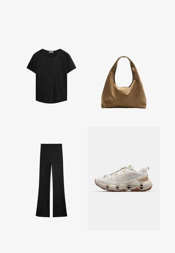 Černé tričko s krátkým rukávem a kulatým výstřihem, s perforovanými síťovinovými detaily na ramenou. Hladká tkanina, volný střih, zaoblený lem.; Černé kalhoty s širokým střihem, mají vysoký pas a boční rozparky pro snadný pohyb. Vyrobené z hladké, pružné tkaniny.; Lehká bílá sneakers mají síťovanou horní část, texturované akcenty, silnou, modelovanou podešev a gumovou podrážku s hnědým vzorem.; Hnědá textilní taška přes rameno s širokým, zaobleným tvarem a velkým výřezem na rukojeť. Měkká textura, minimalistický design a žádné viditelné kovové prvky.