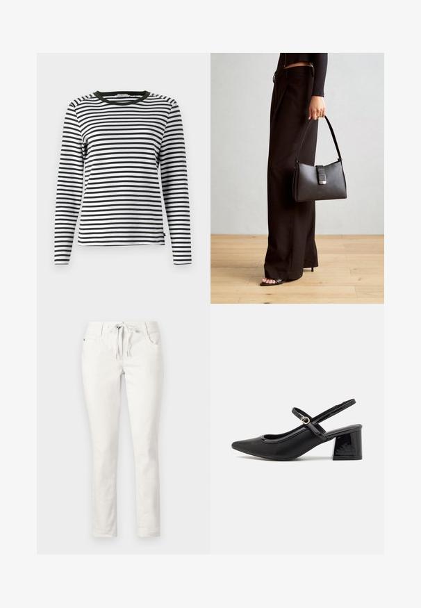 Melna un balta svītrainā garām piedurknēm krekls ar noapaļotu zaļu apkakli. Mīksts audums ar regulāru piegulumu un taisnu apakšmalu.; Baldie, šauras bikses ar aukliņu jostasvietā, priekšējiem kabatām un gludu tekstūru. Piemērotas ikdienas valkāšanai vai neformālām situācijām.; Melns patentēts ādas sandales ar norādīta pirksta formu, noapaļotu izgriezuma dizainu un bloķētu papēdi. Iezīmēta ar zelta toņa sprādzi.; Melnā somiņa ar strukturētu formu, gludu tekstūru un metālu sprādzi. Saskaņota ar platām melnām biksēm un sandālēm ar atvērtu purngalu uz koka grīdas.