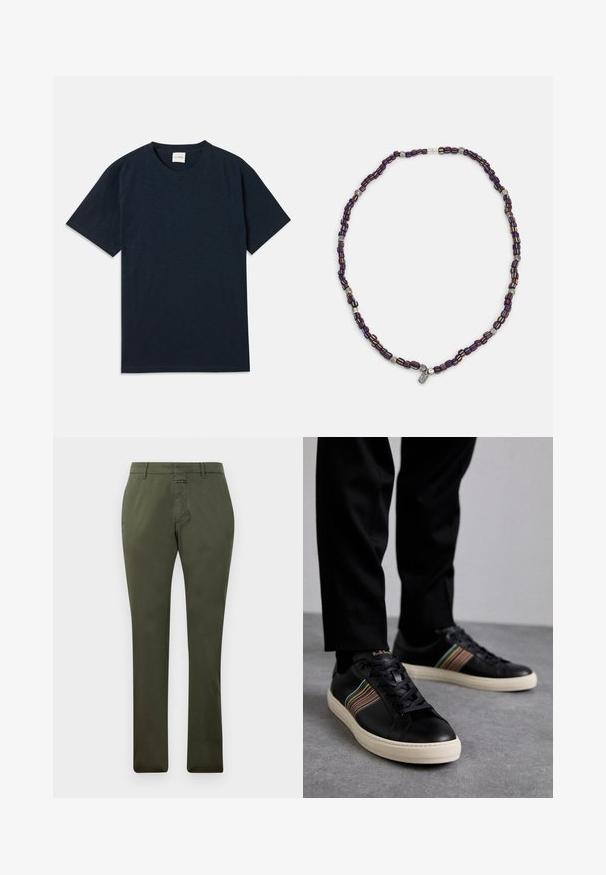 Eno temno mornarsko modra kratka majica s kratkimi rokavi in okroglo ovratnikom, z majhnim izbočenim logotipom blizu spodnjega roba.; Olivno zeleni hlače ravnih nogavic z odseki za pas, sprednjim zadrgo in gumbom, prikazane na enotni beli podlagi.; Črne usnjene superge z večbarvnimi črtastimi poudarki, okroglo konico in belimi gumijastimi podplati, z vezalnim dizajnom in embosiranim logotipom.; Večbarvna ogrlica iz perlic z temno modrimi, rdečimi in rumenimi perlicami, prepletenimi s srebrnimi poudarki in visečim čarom.