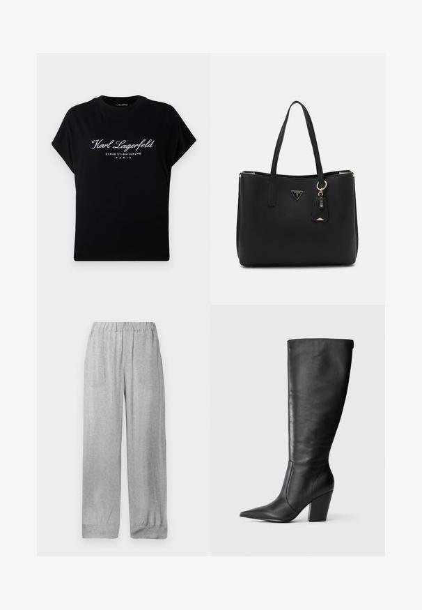 Tricou negru supradimensionat din bumbac. Prezintă mâneci scurte și un decolteu rotund. Pe față se află un text alb: "Karl Lagerfeld 21 RUE ST-GUILLAUME PARIS."; Pantaloni gri deschis cu talie elastică, cu un model floral alb subtil pe întreaga suprafață, croială dreaptă lejeră și tivuri cu mansete.; Botină neagră din piele, până la genunchi, cu vârf ascuțit și toc gros, prezentată în profil stâng pe un fundal alb.; Geantă tote neagră din material sintetic texturat, având două mânere, un placaj cu logo auriu și un etichetă mică cu un detaliu de accent.