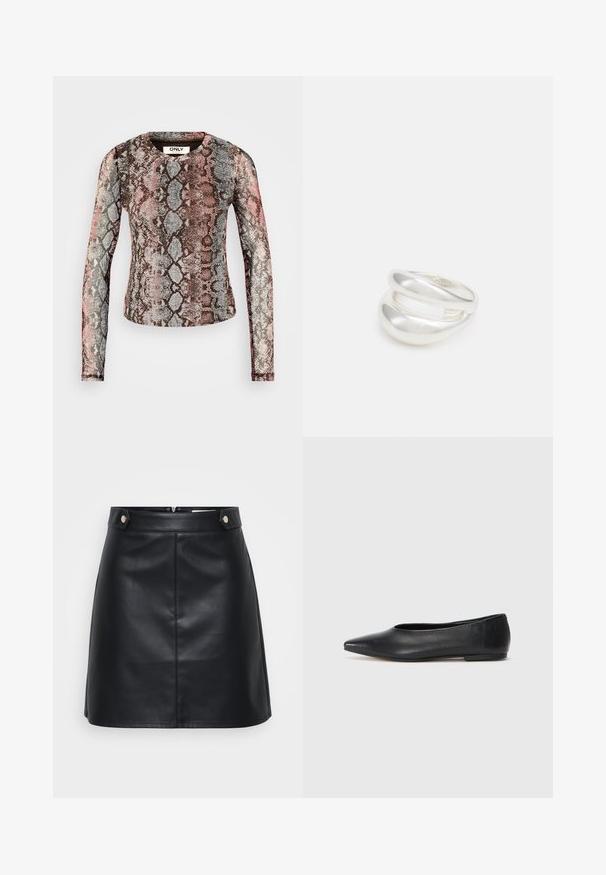 Dugulja s dugim rukavima koja ima višebojni uzorak zmijskog printa u nijansama ružičaste, sive i smeđe. Izrađena je od rastezljivog, laganog materijala.; Crna kožna suknja s prilagođenim krojem, dva prednja džepa s zlatnim detaljima i patentnim zatvaračem na stražnjoj strani. Glatka tekstura.; Crne kožne balerinke, uski vrh, minimalistički dizajn, glatka tekstura, niska peta, bez vidljivih dodataka ili ukrasa.; Srebrna dvostruka prsten s glatkom, poliranom površinom. Karakterizira ga fluidan, zakrivljen dizajn s preklapajućim sekcijama za moderan izgled.