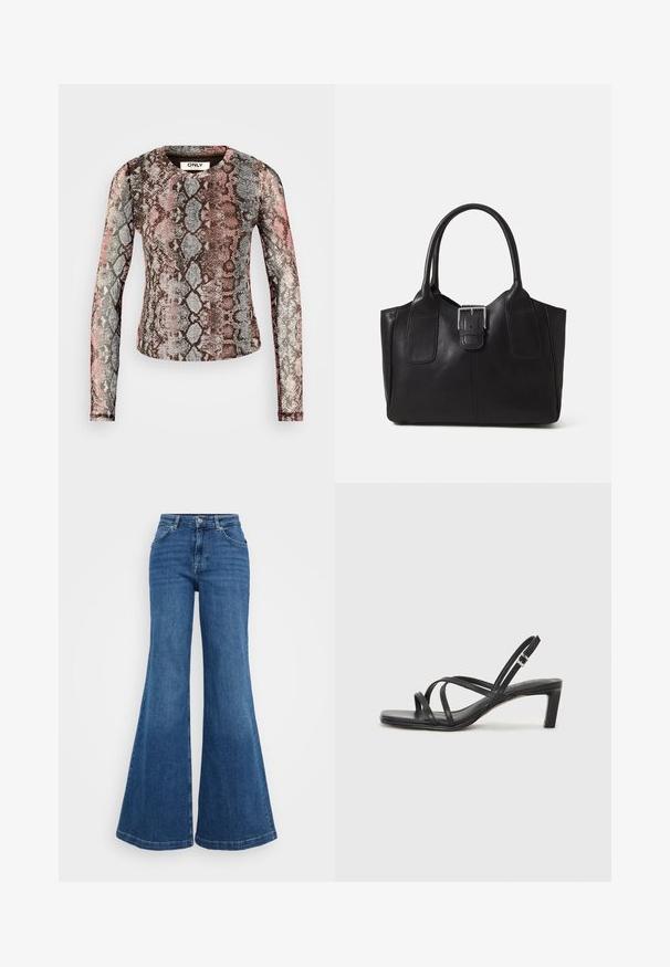Tricou cu mânecă lungă, având un model imprimat cu șarpe multicolor în nuanțe de roz, gri și maron. Fabricat dintr-un material elastic și ușor.; Blugi din denim albastru, cu croială evazată și talie înaltă, având un design clasic cu cinci buzunare și o textură netedă. Tivul este larg și finisat.; Sandal cu barete negre, cu vârf pătrat și toc mic de bloc. Prezintă mai multe barete subțiri și o bareta ajustabilă la gleznă. Fabricat din piele netedă.; Geantă tote din piele neagră cu textură netedă, formă structurată, două mânere și un detaliu proeminent din aliaj de argint pe partea din față.