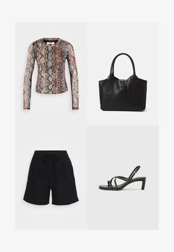 Dlhý rukáv s mnohopríčkovým hadím vzorom v odtieňoch ružovej, šedej a hnedej. Vyrobené z elastického, ľahkého materiálu.; Čierne ľanové šortky s elastickým pásom, nastaviteľnou šnúrkou a jemnou vertikálnou textúrou. Voľný strih, dĺžka po polovicu stehna.; Čierne sandále na vysokom podpätku so štvorcovou špičkou a nízkym blokovým podpätkom. Obsahujú viacero tenkých popruhov a nastaviteľný členkový popruh. Vyrobené z hladkej kože.; Čierna kožená taška s hladkou textúrou, štruktúrovaným tvarom, dvoma uchami a výrazným strieborným prackovým detailom na prednej strane.