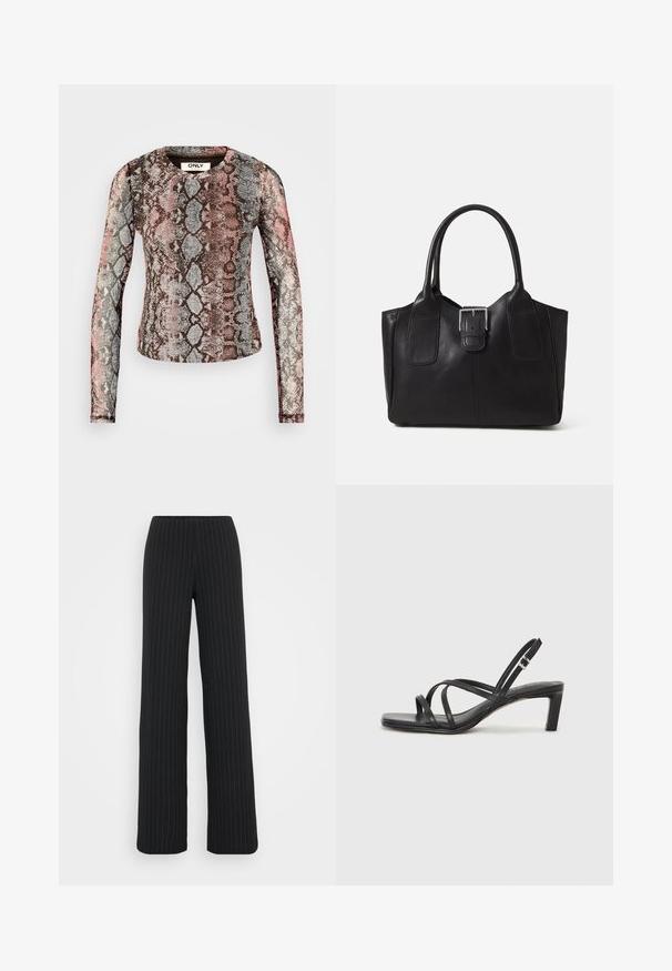 Garšīgas piedurknes tops ar daudzkrāsainu čūsku rakstu rozā, pelēkā un brūnā krāsā. Izgatavots no elastīga, viegla auduma.; Vero Moda Tall VMBERLIN MY WIDE - Auduma bikses - obsidian/oatmeal; Melnas strappy sandales ar kvadrātveida purngaliem un zemu bloku papēdi. Ievērojamas ar vairākiem plāniem siksniņām un regulējamu potītes siksniņu. Izgatavotas no gludas ādas.; Melnas ādas somiņa ar gludu tekstūru, strukturētu formu, divām rokturām un izteiktu sudraba sprādzi priekšpusē.