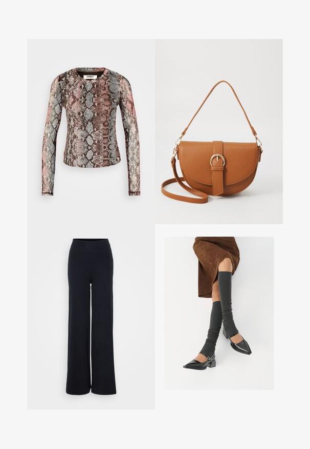 Pikad varrukad, millel on mitmevärviline madu kirjaga muster roosa, halli ja pruuni tooni. Valmistatud venivast ja kergest kangast.; Mustad ribad laiad püksid tekstureeritud viimistlusega ja elastse vöökohtadega, millel on lõdvema lõike ja nähtavate detailideta disain.; Mustad patsaline odav värviga kingad, millel on kreen ja pahkluuring, on paaritatud hallide ribakudumitega sääremiidega ja pruunist nahast seelikuga.; Pruun nahast õlakott, millel on kumer kuju, kullavärvi riistvara ja pandlaga kaunistus. Omab eemaldatavat õlarihma.